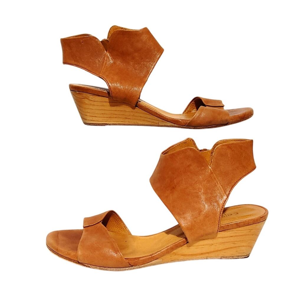 Coclico Kinu Sandals Wedge Heel Side Zip Brown Leather Womens Size 37.5 US 7